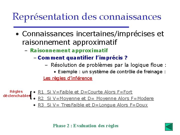 Représentation des connaissances • Connaissances incertaines/imprécises et raisonnement approximatif – Raisonnement approximatif – Comment