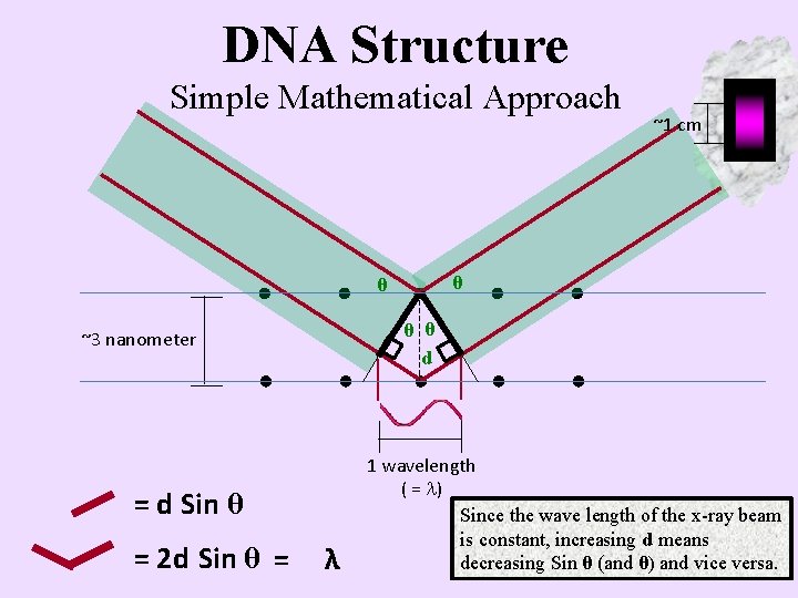 DNA Structure Simple Mathematical Approach θ θ d ~3 nanometer = d Sin θ