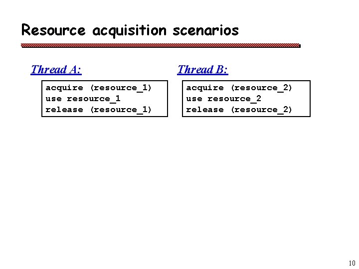 Resource acquisition scenarios Thread A: acquire (resource_1) use resource_1 release (resource_1) Thread B: acquire