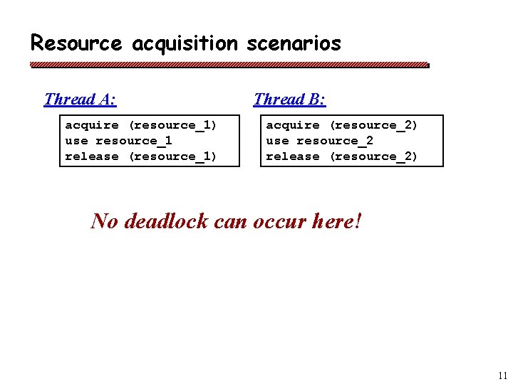 Resource acquisition scenarios Thread A: acquire (resource_1) use resource_1 release (resource_1) Thread B: acquire
