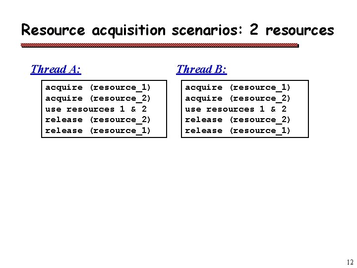 Resource acquisition scenarios: 2 resources Thread A: acquire (resource_1) acquire (resource_2) use resources 1