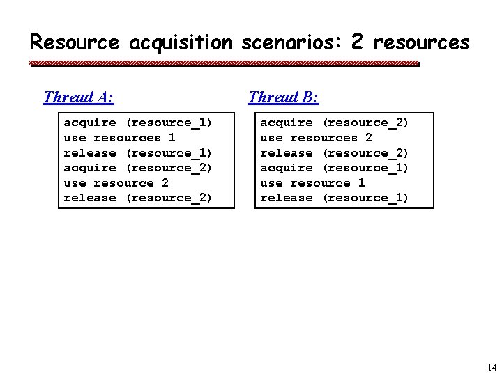 Resource acquisition scenarios: 2 resources Thread A: acquire (resource_1) use resources 1 release (resource_1)