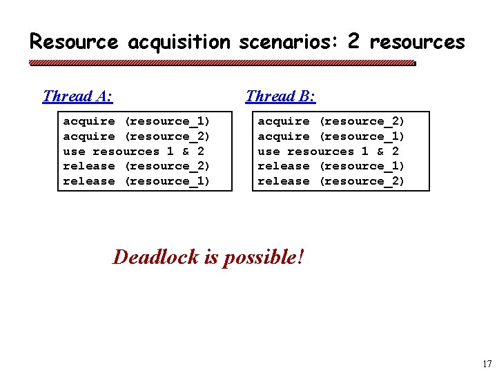 Resource acquisition scenarios: 2 resources Thread A: Thread B: acquire (resource_1) acquire (resource_2) use