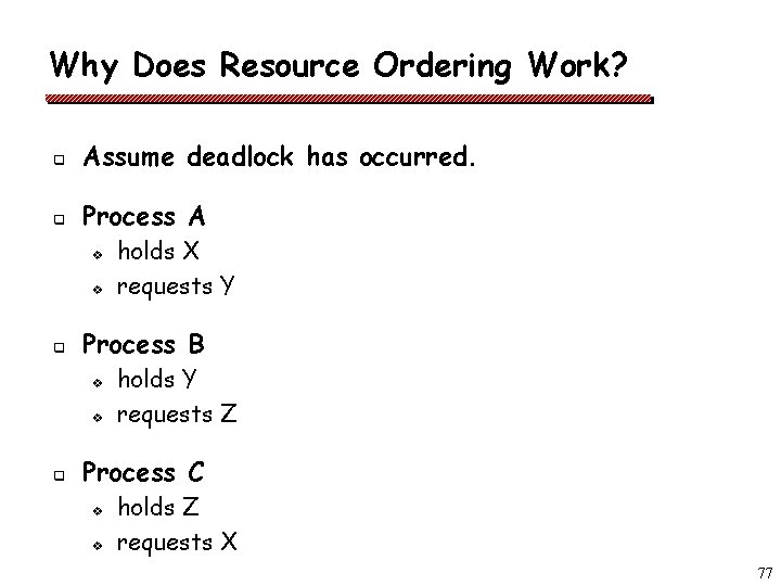 Why Does Resource Ordering Work? q Assume deadlock has occurred. q Process A v