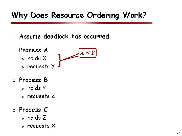 Why Does Resource Ordering Work? q Assume deadlock has occurred. q Process A v