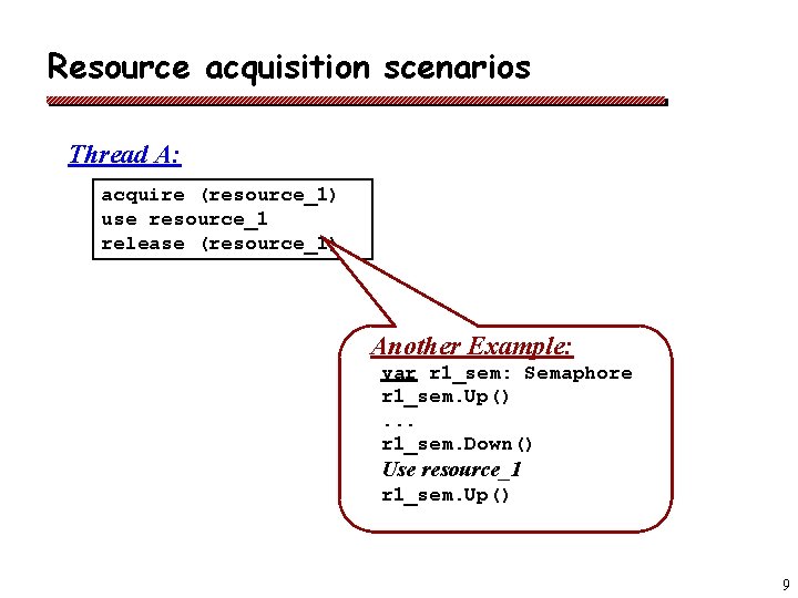 Resource acquisition scenarios Thread A: acquire (resource_1) use resource_1 release (resource_1) Another Example: var