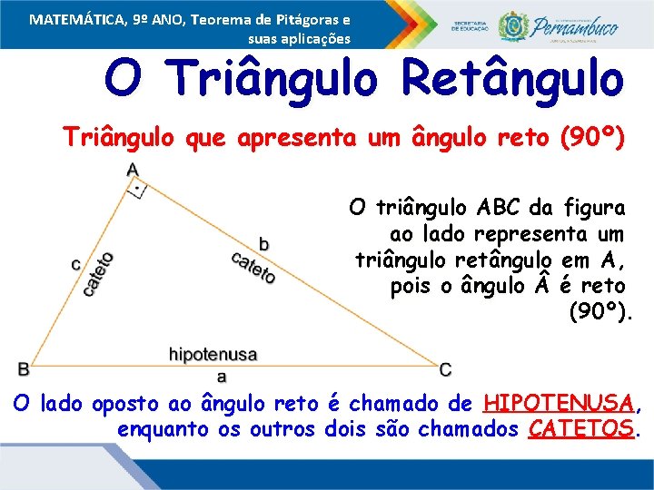 MATEMÁTICA, 9º ANO, Teorema de Pitágoras e suas aplicações O Triângulo Retângulo Triângulo que