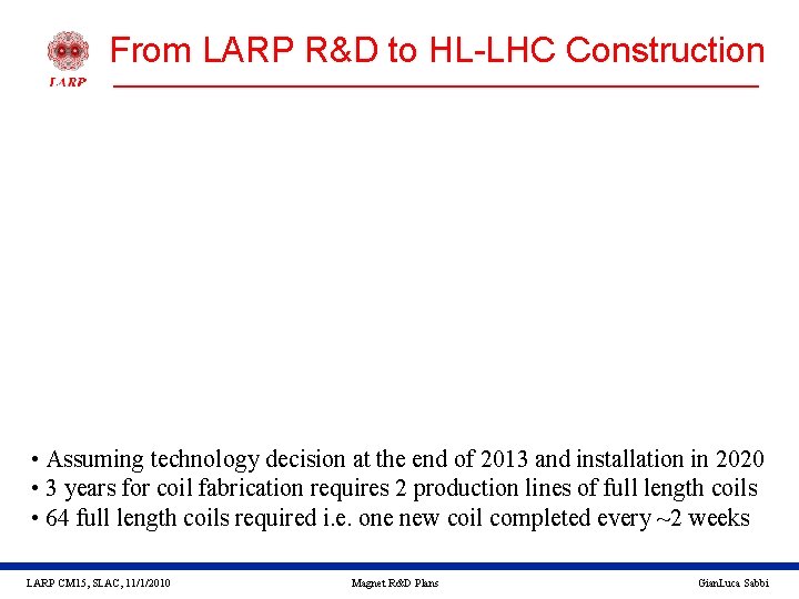 From LARP R&D to HL-LHC Construction • Assuming technology decision at the end of