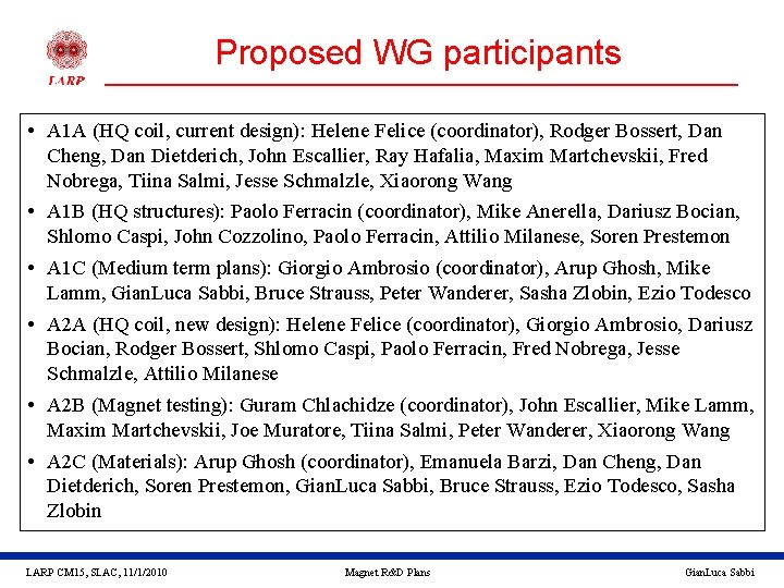 Proposed WG participants • A 1 A (HQ coil, current design): Helene Felice (coordinator),