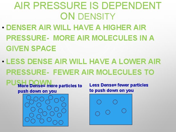 AIR PRESSURE IS DEPENDENT ON DENSITY • DENSER AIR WILL HAVE A HIGHER AIR
