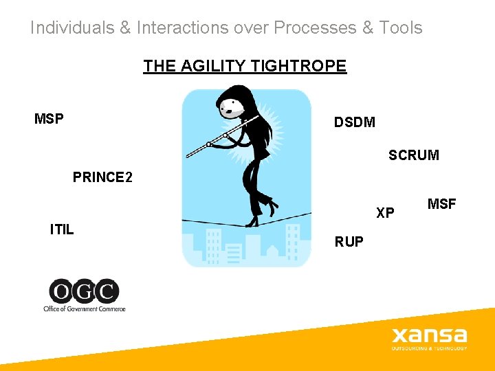 Individuals & Interactions over Processes & Tools THE AGILITY TIGHTROPE MSP DSDM SCRUM PRINCE Individuals & Interactions over Processes & Tools THE AGILITY TIGHTROPE MSP DSDM SCRUM PRINCE
