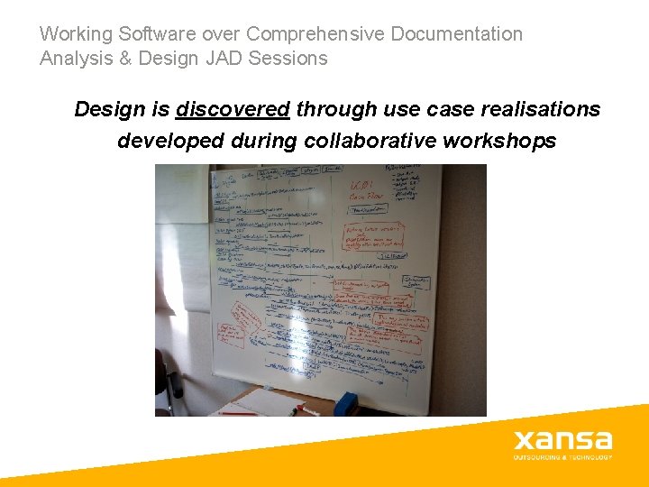 Working Software over Comprehensive Documentation Analysis & Design JAD Sessions Design is discovered through Working Software over Comprehensive Documentation Analysis & Design JAD Sessions Design is discovered through