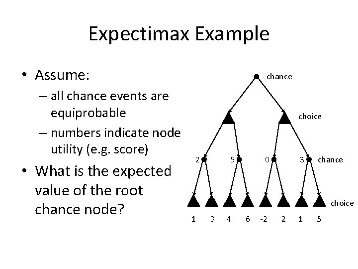 Expectimax Example • Assume: – all chance events are equiprobable – numbers indicate node