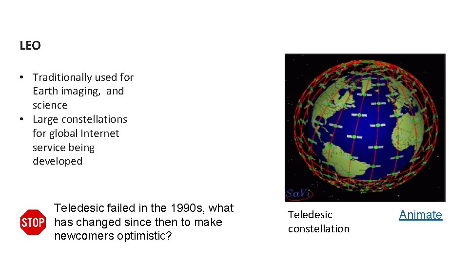 LEO • Traditionally used for Earth imaging, and science • Large constellations for global