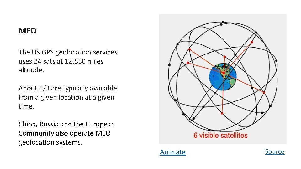 MEO The US GPS geolocation services uses 24 sats at 12, 550 miles altitude.