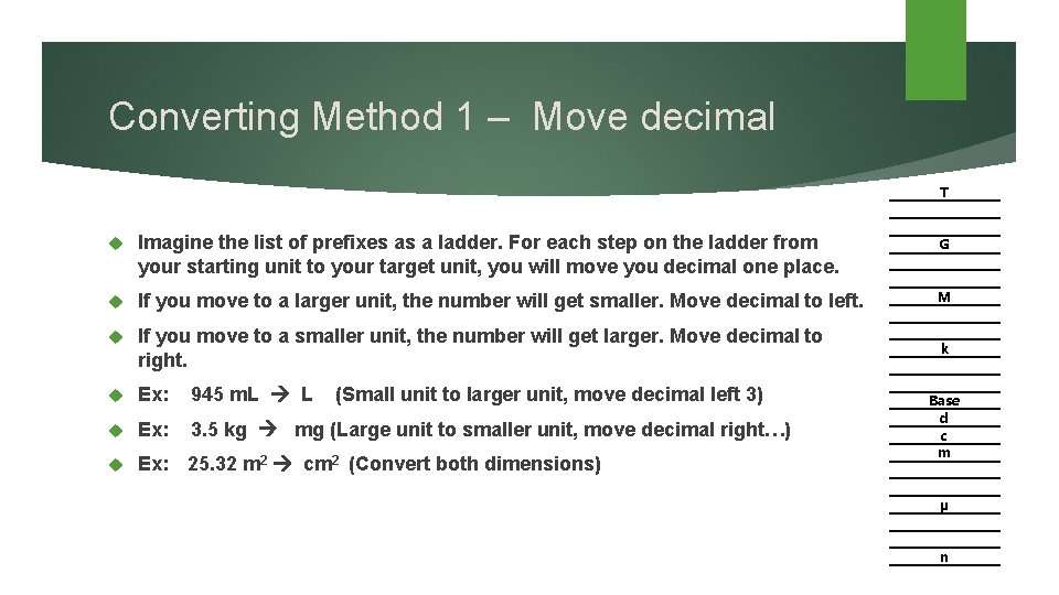 Converting Method 1 – Move decimal Imagine the list of prefixes as a ladder.