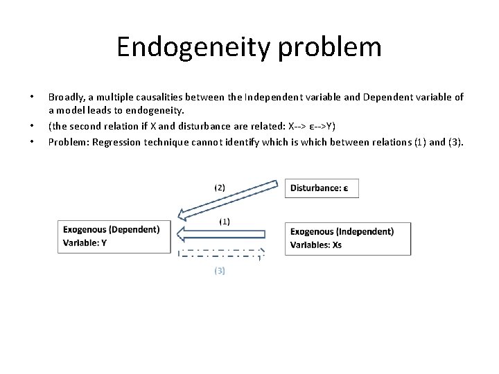 Endogeneity problem • • • Broadly, a multiple causalities between the Independent variable and