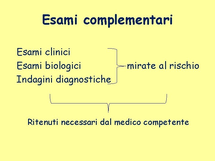 Esami complementari Esami clinici Esami biologici Indagini diagnostiche mirate al rischio Ritenuti necessari dal