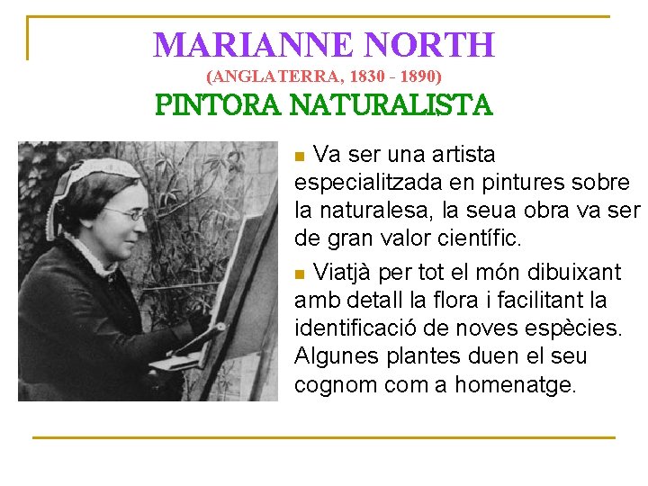 MARIANNE NORTH (ANGLATERRA, 1830 - 1890) PINTORA NATURALISTA Va ser una artista especialitzada en