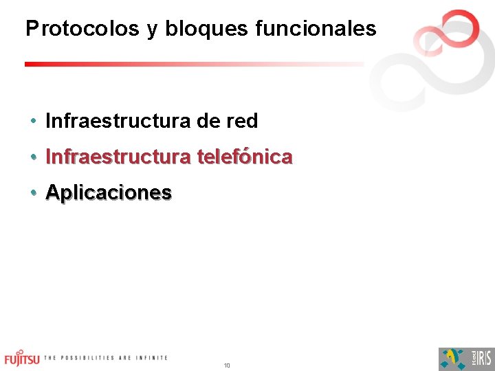 Protocolos y bloques funcionales • Infraestructura de red • Infraestructura telefónica • Aplicaciones 10