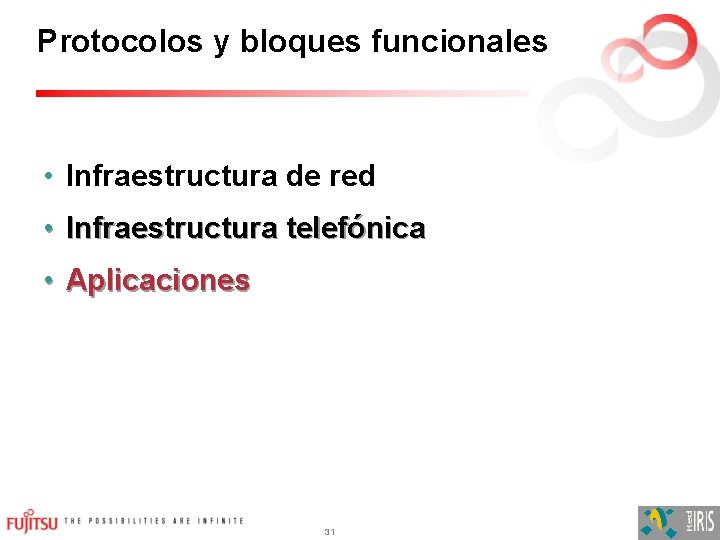 Protocolos y bloques funcionales • Infraestructura de red • Infraestructura telefónica • Aplicaciones 31