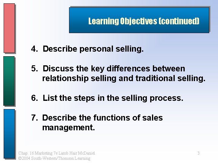 Learning Objectives (continued) 4. Describe personal selling. 5. Discuss the key differences between relationship Learning Objectives (continued) 4. Describe personal selling. 5. Discuss the key differences between relationship
