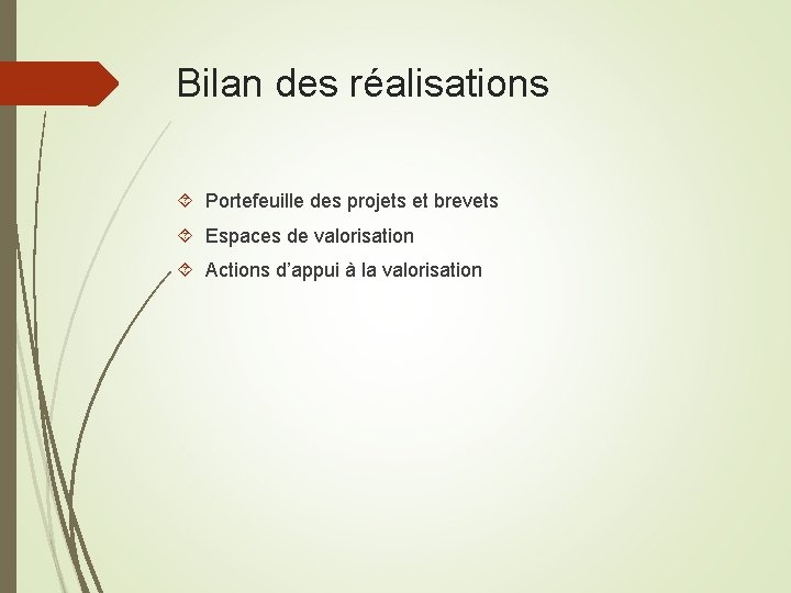 Bilan des réalisations Portefeuille des projets et brevets Espaces de valorisation Actions d’appui à