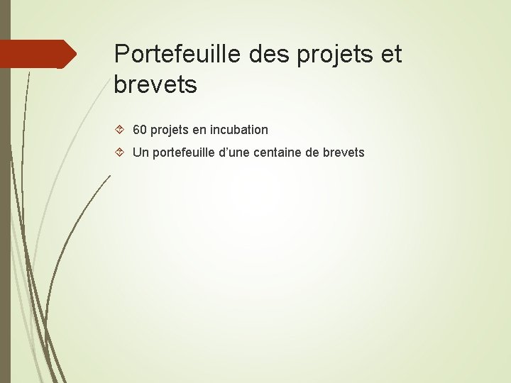 Portefeuille des projets et brevets 60 projets en incubation Un portefeuille d’une centaine de