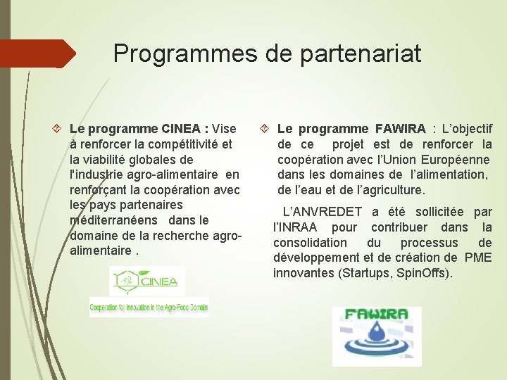 Programmes de partenariat Le programme CINEA : Vise à renforcer la compétitivité et la