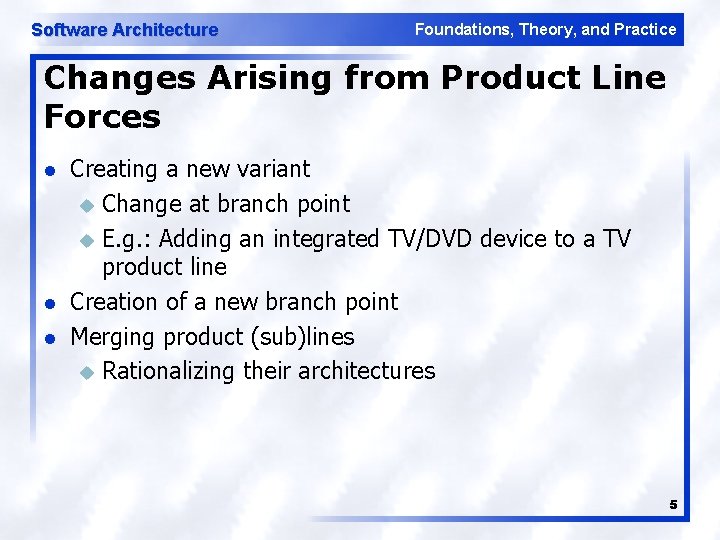 Software Architecture Foundations, Theory, and Practice Changes Arising from Product Line Forces l l