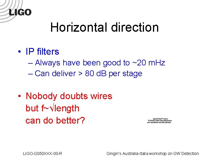 Horizontal direction • IP filters – Always have been good to ~20 m. Hz