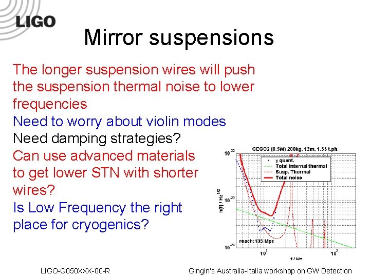 Mirror suspensions The longer suspension wires will push the suspension thermal noise to lower