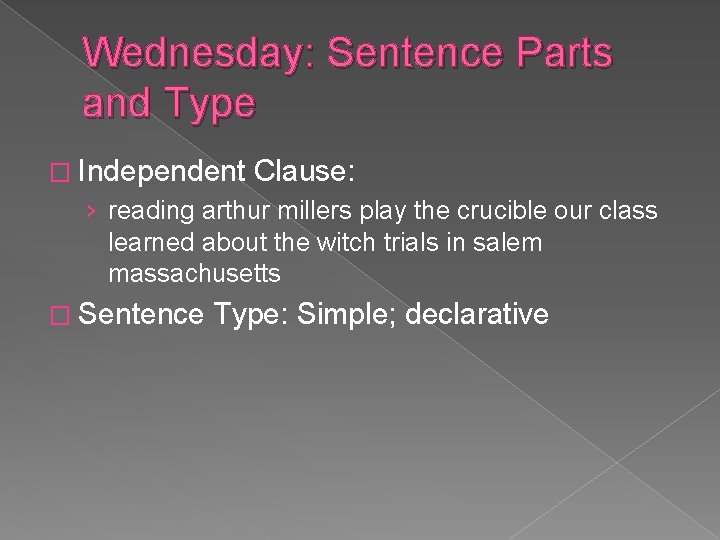 Wednesday: Sentence Parts and Type � Independent Clause: › reading arthur millers play the