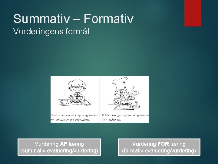 Summativ – Formativ Vurderingens formål Vurdering AF læring (summativ evaluering/vurdering) Vurdering FOR læring (formativ