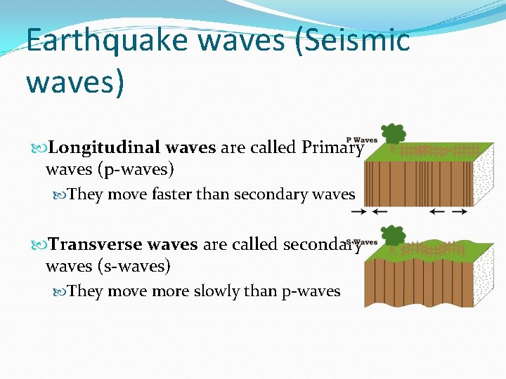 Earthquake waves (Seismic waves) Longitudinal waves are called Primary waves (p-waves) They move faster