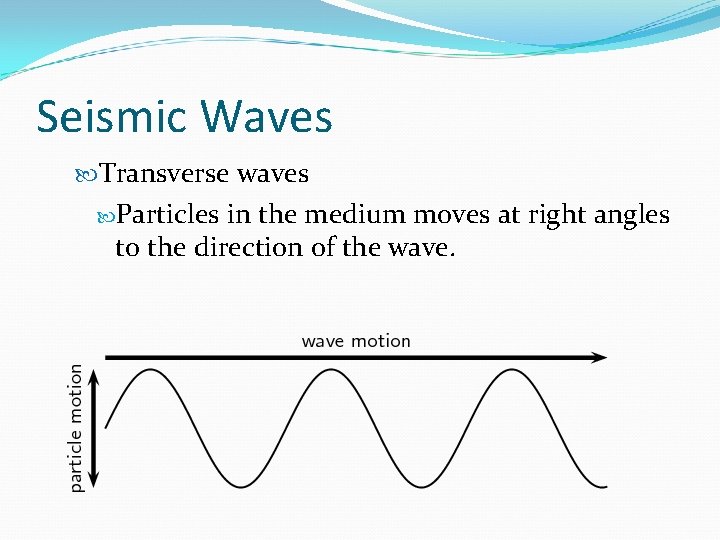 Seismic Waves Transverse waves Particles in the medium moves at right angles to the