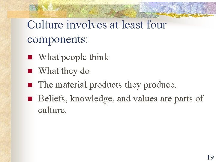 Culture involves at least four components: n n What people think What they do