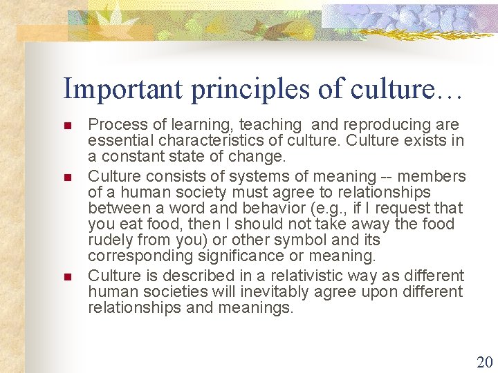 Important principles of culture… n n n Process of learning, teaching and reproducing are