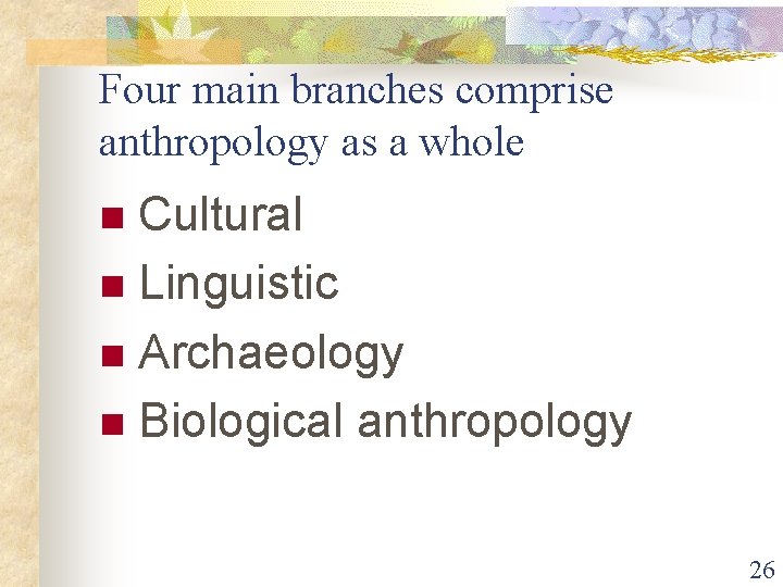 Four main branches comprise anthropology as a whole Cultural n Linguistic n Archaeology n