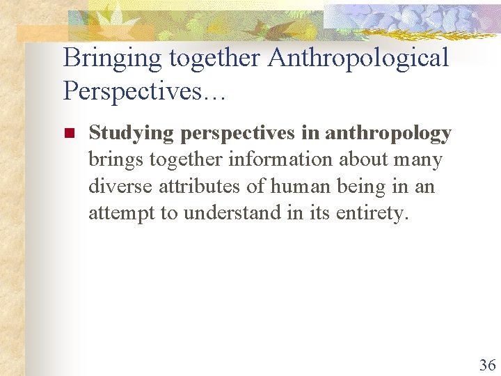 Bringing together Anthropological Perspectives… n Studying perspectives in anthropology brings together information about many