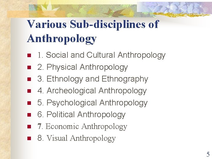Various Sub-disciplines of Anthropology n n n n 1. Social and Cultural Anthropology 2.