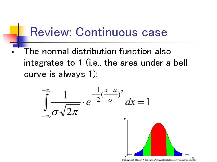 Review: Continuous case § The normal distribution function also integrates to 1 (i. e.