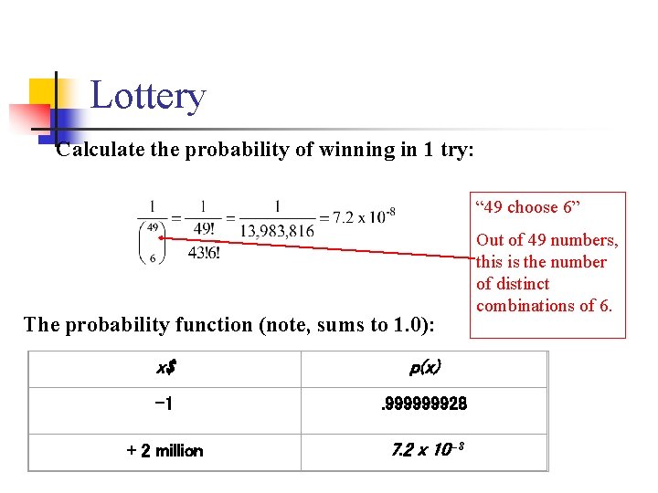Lottery Calculate the probability of winning in 1 try: “ 49 choose 6” The