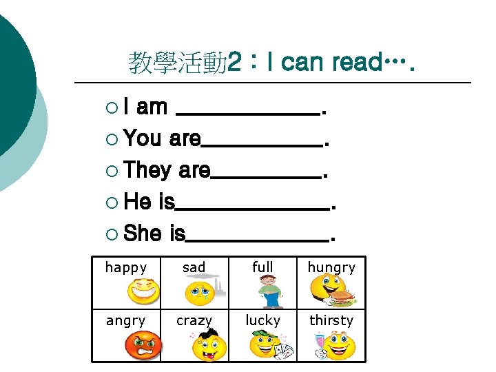 教學活動 2：I can read…. ¡I am _______. ¡ You are______. ¡ They are_____. ¡