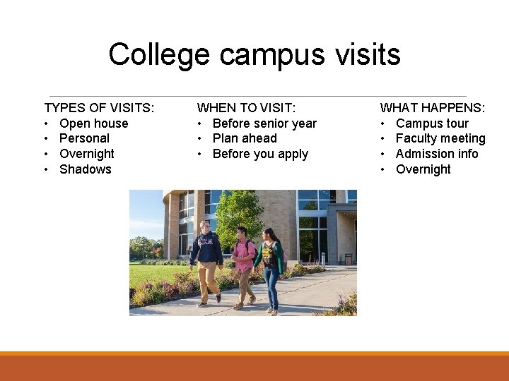 College campus visits TYPES OF VISITS: • Open house • Personal • Overnight •