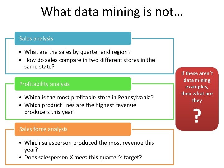 What data mining is not… Sales analysis • What are the sales by quarter