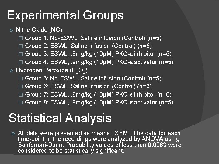 Experimental Groups Nitric Oxide (NO) � Group 1: No-ESWL, Saline infusion (Control) (n=5) �