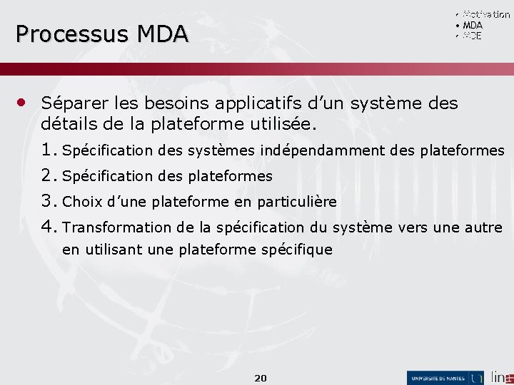  • Motivation • MDA • MDE Processus MDA • Séparer les besoins applicatifs