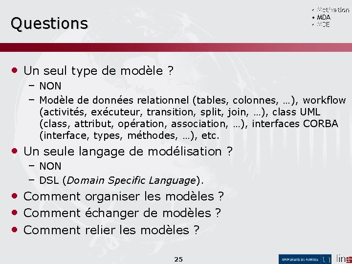  • Motivation • MDA • MDE Questions • Un seul type de modèle