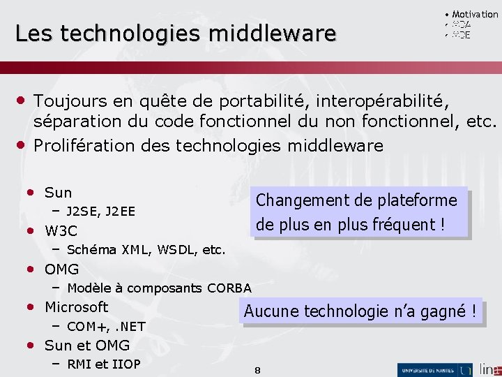 Les technologies middleware • Motivation • MDA • MDE • Toujours en quête de